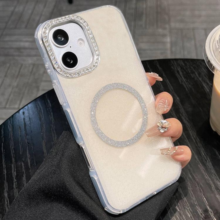 

For iPhone 16 Rounded Edge Semi-transparent Glitter MagSafe Phone Case(Beige)