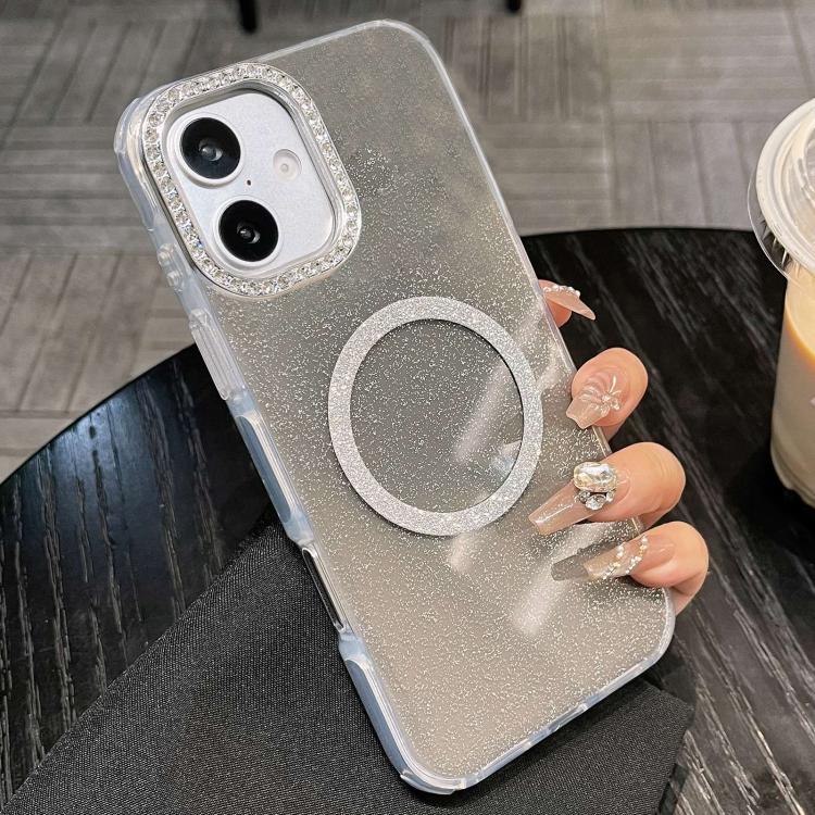 

For iPhone 16 Plus Rounded Edge Semi-transparent Glitter MagSafe Phone Case(Black)
