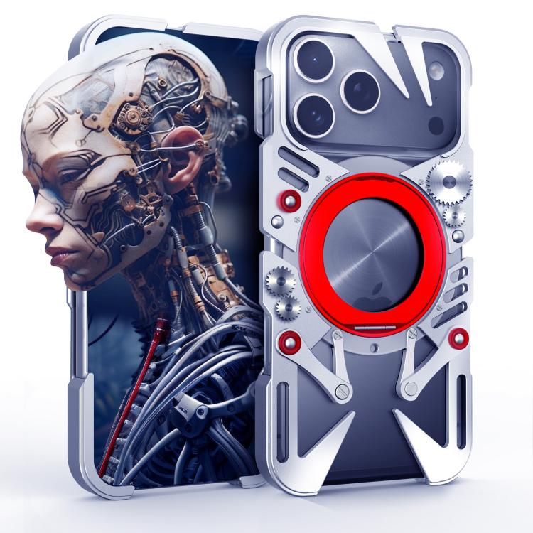 

For iPhone 17 Pro Rotating Bracket MagSafe Hollow Metal Phone Case with Lanyard(Silver)