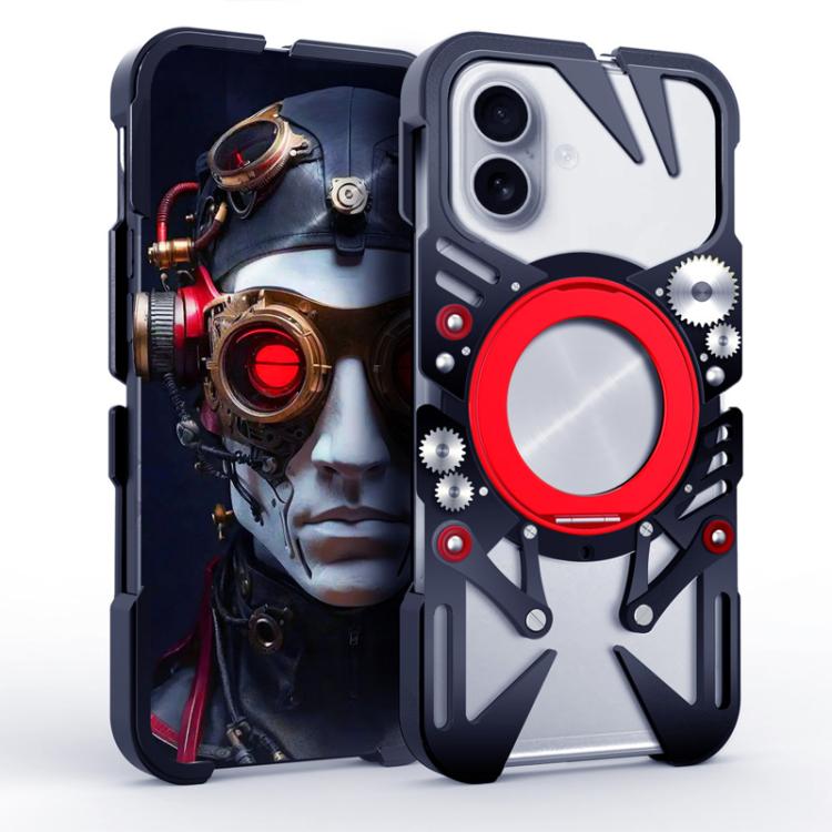 

For iPhone 16 Rotating Bracket MagSafe Hollow Metal Phone Case with Lanyard(Black)