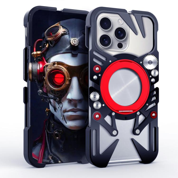 

For iPhone 16 Pro Max Rotating Bracket MagSafe Hollow Metal Phone Case with Lanyard(Black)