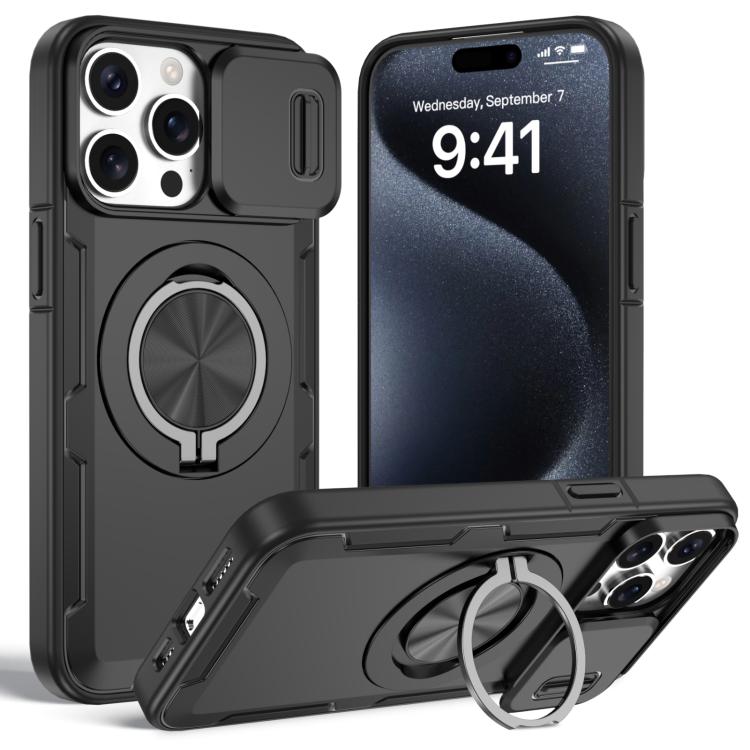 For iPhone 15 Pro Camshield Rotation Holder MagSafe Phone Case(Black)