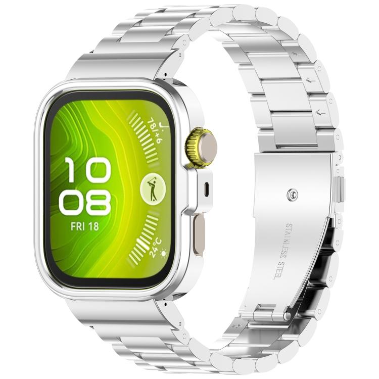 

For Huawei Watch Fit 4 Pro Metal Frame Integrated Three Beads Buckle Stainless Steel Watch Band(Silver)