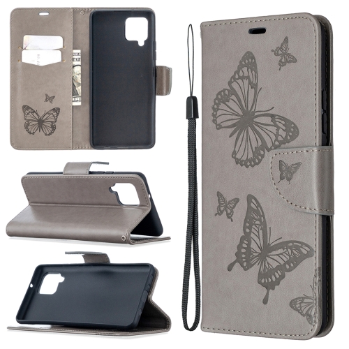 

For Samsung Galaxy A42 5G Embossing Two Butterflies Pattern Horizontal Flip PU Leather Case with Holder & Card Slot & Wallet & Lanyard(Grey)