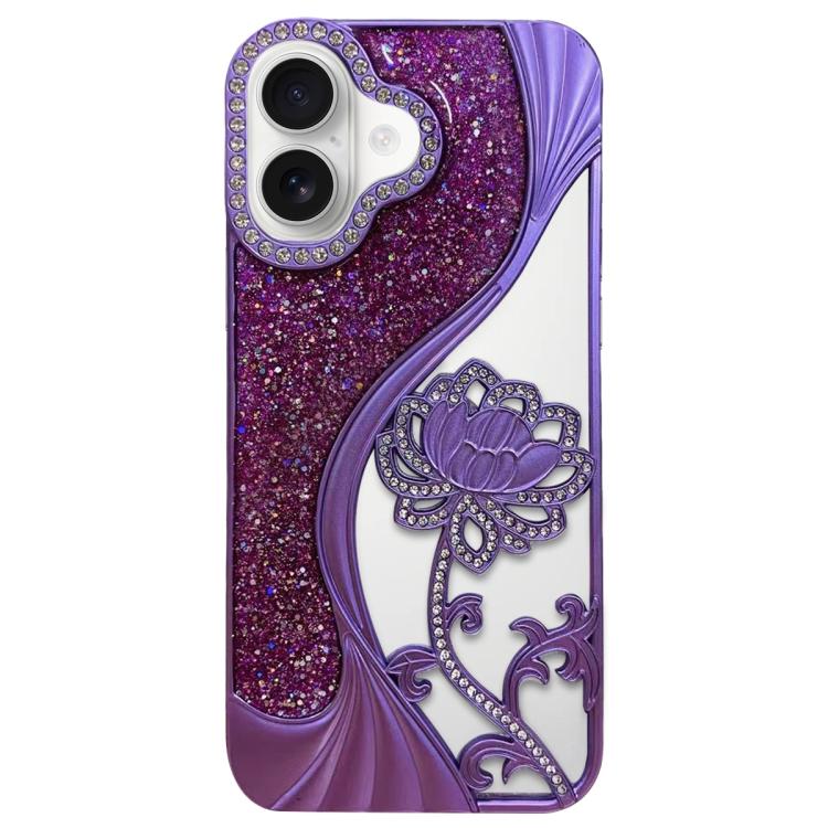 For iPhone 17 Electroplated TPU Lotus Hollow-carved  Rhinestone Glitter Phone Case(Purple)