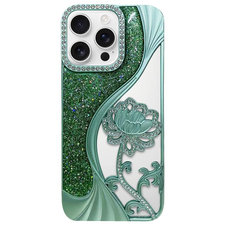 For iPhone 16 Pro Max Electroplated TPU Lotus Hollow-carved Rhinestone Glitter Phone Case(Green)