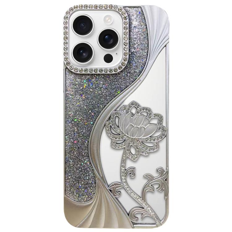 

For iPhone 16 Pro Max Electroplated TPU Lotus Hollow-carved Rhinestone Glitter Phone Case(Silver)