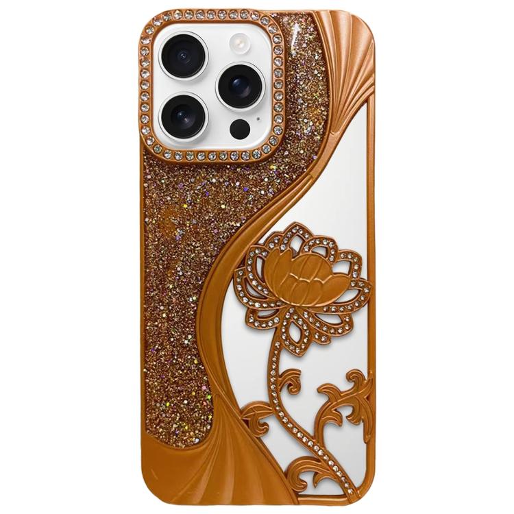 

For iPhone 16 Pro Electroplated TPU Lotus Hollow-carved Rhinestone Glitter Phone Case(Orange)