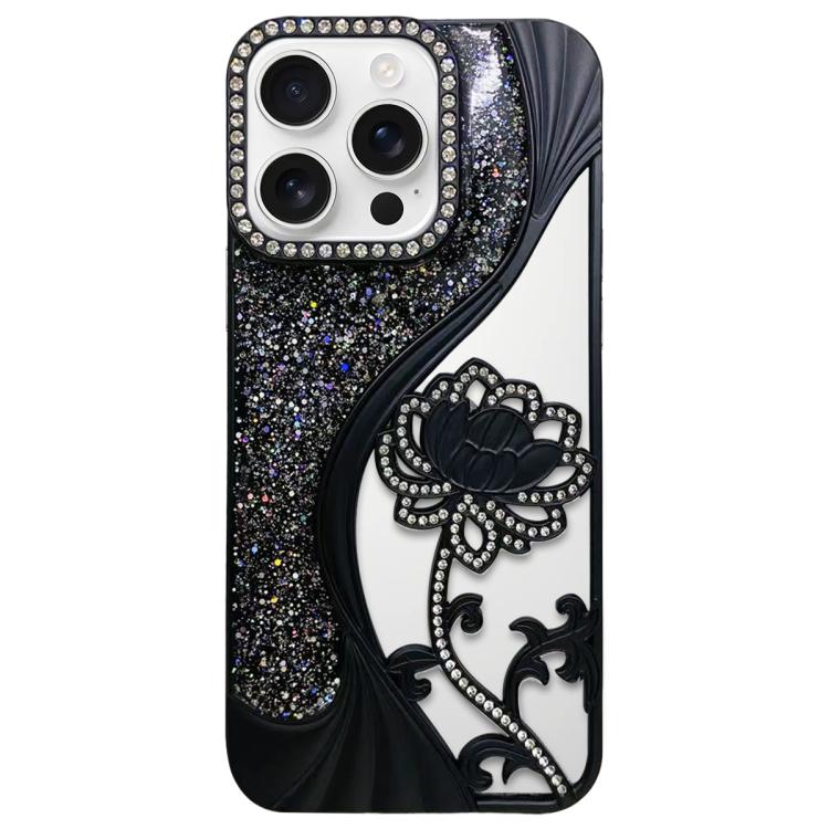

For iPhone 16 Pro Electroplated TPU Lotus Hollow-carved Rhinestone Glitter Phone Case(Black)