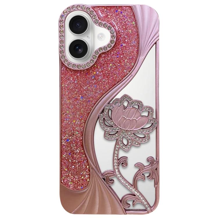 

For iPhone 16 Plus Electroplated TPU Lotus Hollow-carved Rhinestone Glitter Phone Case(Pink)