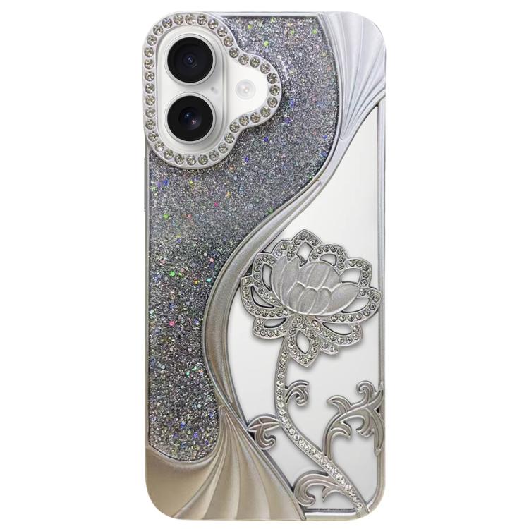 

For iPhone 16 Electroplated TPU Lotus Hollow-carved Rhinestone Glitter Phone Case(Silver)