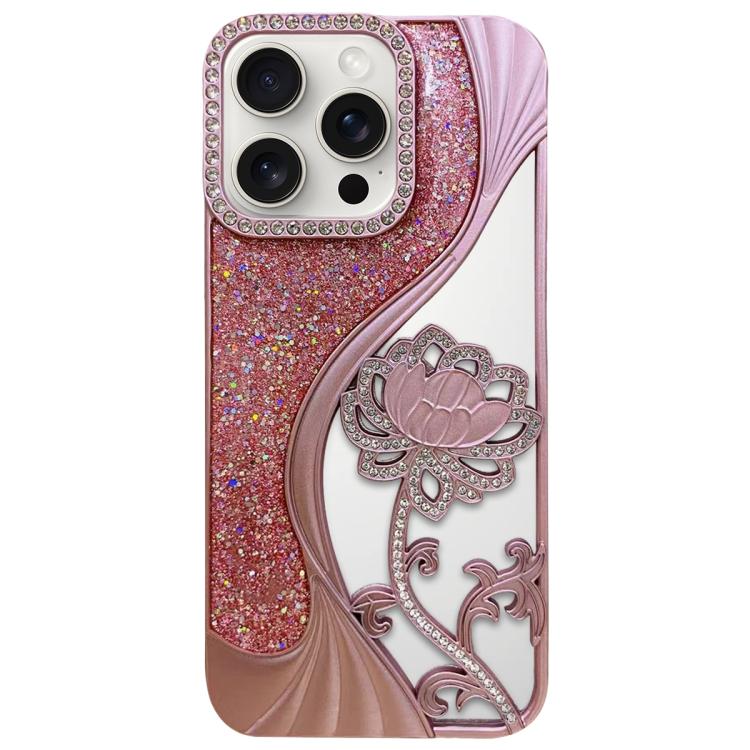

For iPhone 15 Pro Max Electroplated TPU Lotus Hollow-carved Rhinestone Glitter Phone Case(Pink)