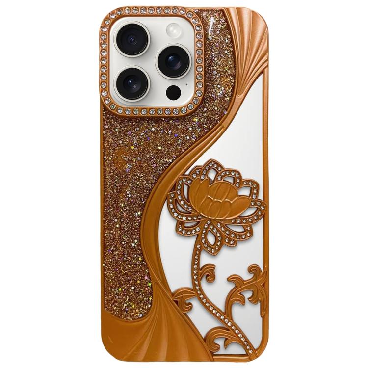 

For iPhone 15 Pro Max Electroplated TPU Lotus Hollow-carved Rhinestone Glitter Phone Case(Orange)