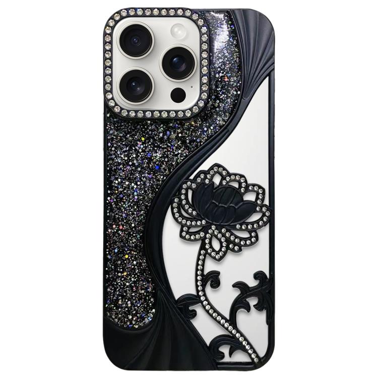 For iPhone 15 Pro Max Electroplated TPU Lotus Hollow-carved  Rhinestone Glitter Phone Case(Black)