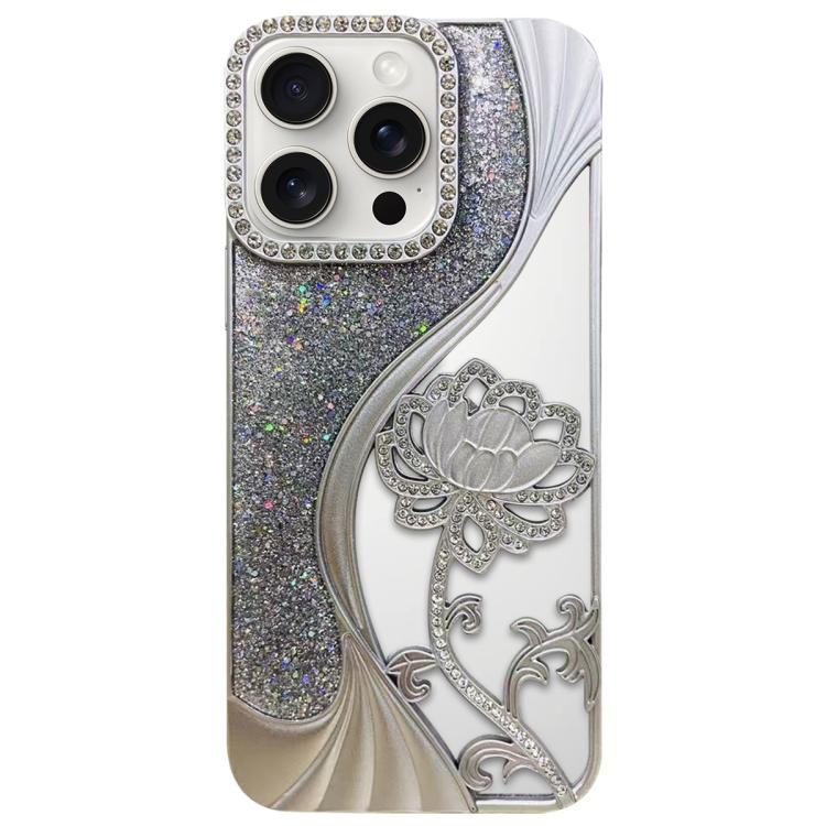 For iPhone 15 Pro Electroplated TPU Lotus Hollow-carved Rhinestone Glitter Phone Case(Silver)