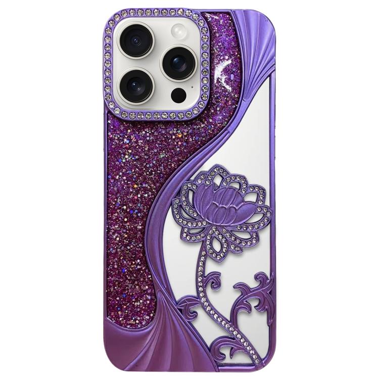 

For iPhone 15 Pro Electroplated TPU Lotus Hollow-carved Rhinestone Glitter Phone Case(Purple)