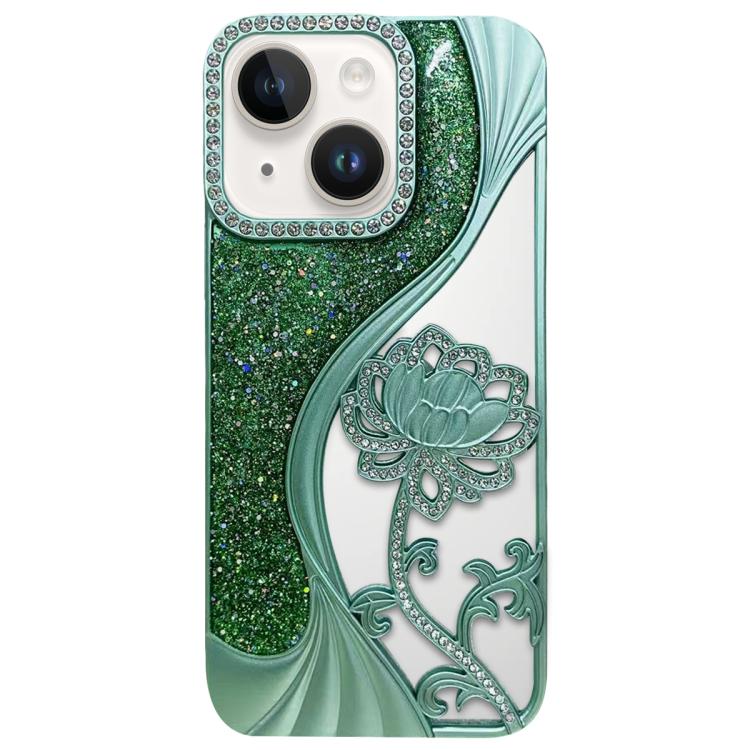 

For iPhone 15 Plus Electroplated TPU Lotus Hollow-carved Rhinestone Glitter Phone Case(Green)