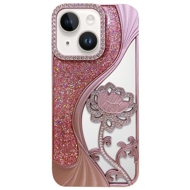 

For iPhone 15 Electroplated TPU Lotus Hollow-carved Rhinestone Glitter Phone Case(Pink)