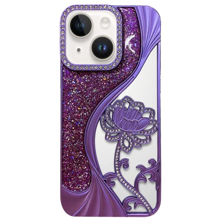 For iPhone 14 Electroplated TPU Lotus Hollow-carved  Rhinestone Glitter Phone Case(Purple)