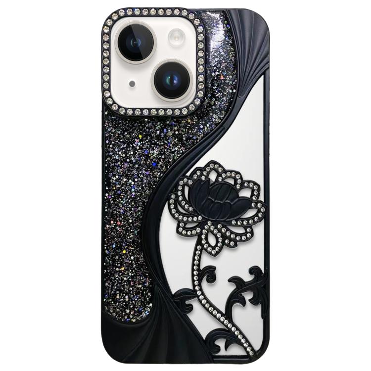 

For iPhone 14 Electroplated TPU Lotus Hollow-carved Rhinestone Glitter Phone Case(Black)