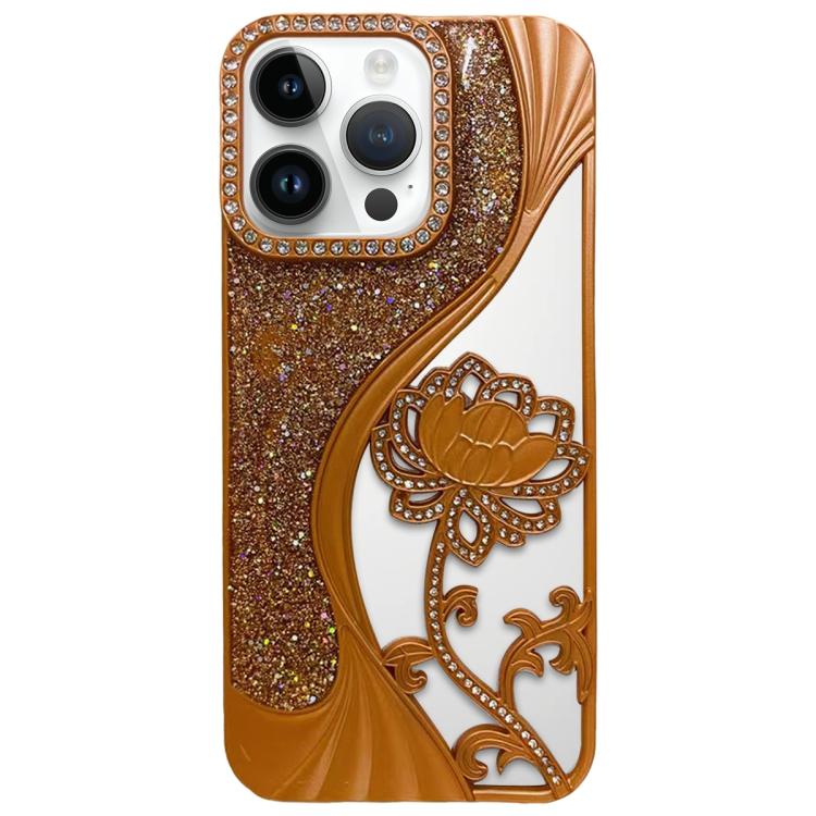 For iPhone 13 Pro Max Electroplated TPU Lotus Hollow-carved  Rhinestone Glitter Phone Case(Orange)