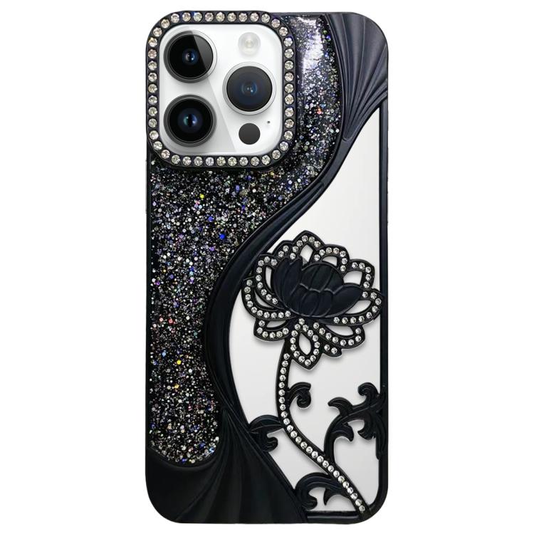 

For iPhone 13 Pro Max Electroplated TPU Lotus Hollow-carved Rhinestone Glitter Phone Case(Black)
