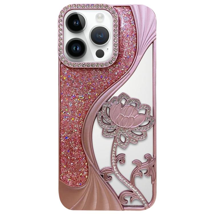 For iPhone 13 Pro Electroplated TPU Lotus Hollow-carved  Rhinestone Glitter Phone Case(Pink)