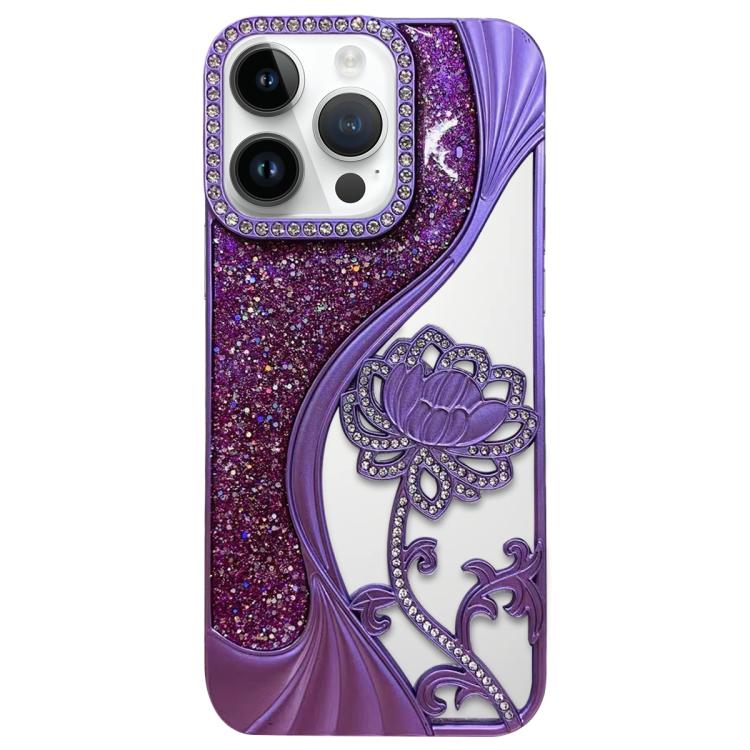 For iPhone 12 Pro Electroplated TPU Lotus Hollow-carved  Rhinestone Glitter Phone Case(Purple)