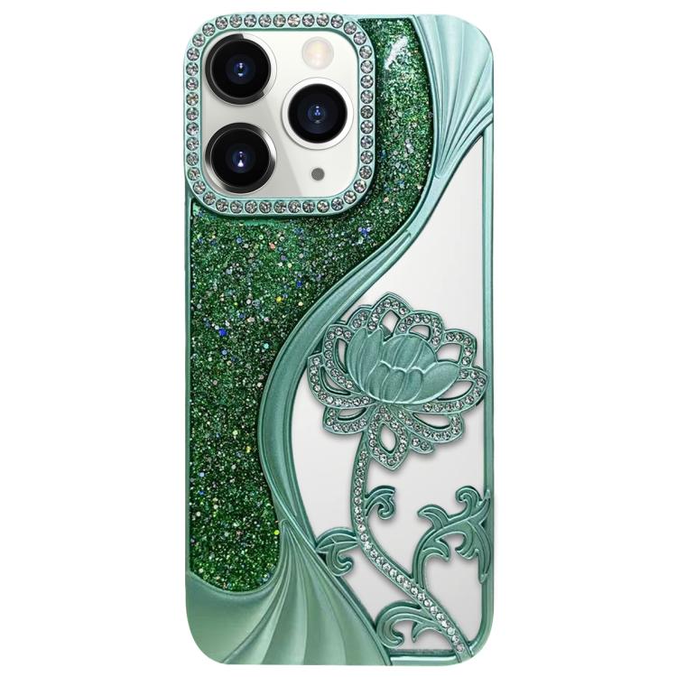 For iPhone 11 Pro Max Electroplated TPU Lotus Hollow-carved  Rhinestone Glitter Phone Case(Green)