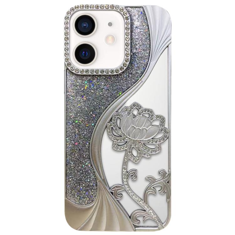 For iPhone 11 Electroplated TPU Lotus Hollow-carved Rhinestone Glitter Phone Case(Silver)