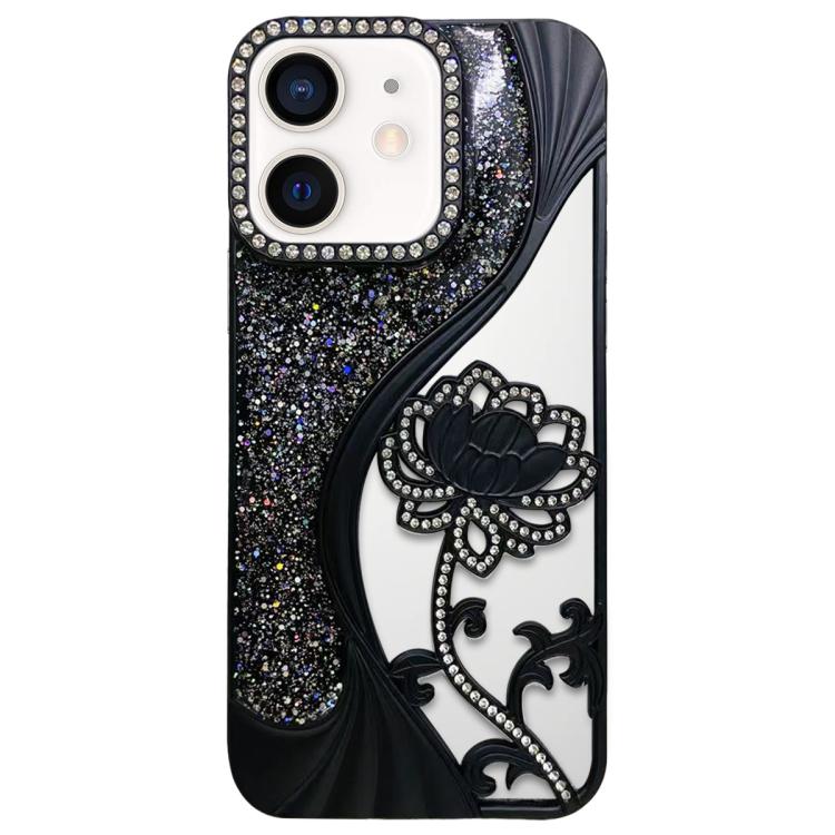 For iPhone 11 Electroplated TPU Lotus Hollow-carved  Rhinestone Glitter Phone Case(Black)