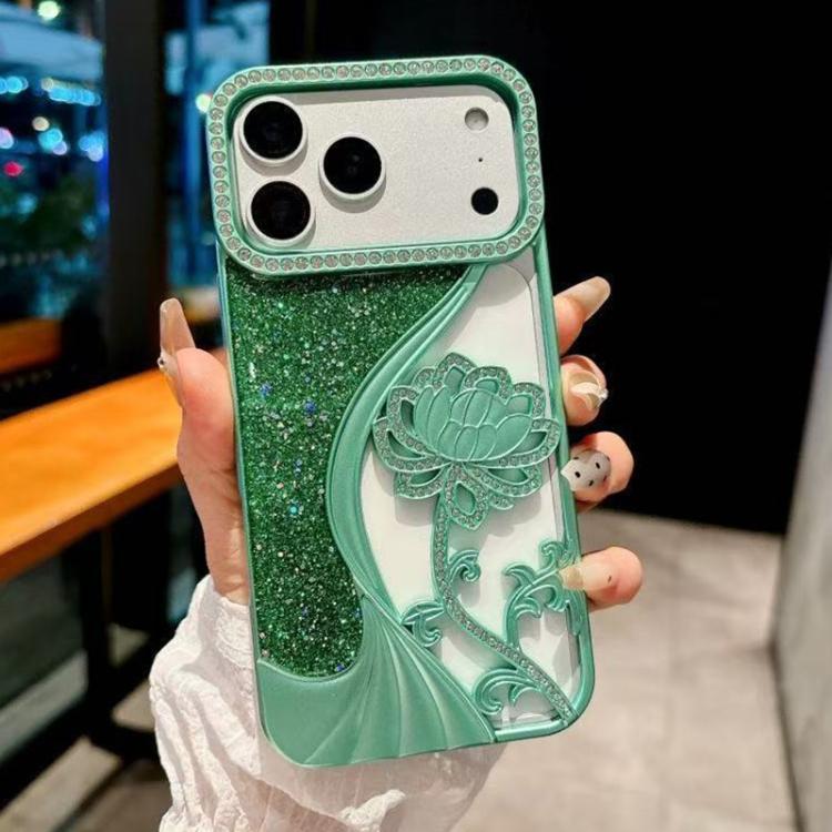For iPhone 18 Pro Max Electroplated TPU Lotus Hollow-carved  Rhinestone Glitter Phone Case(Green)