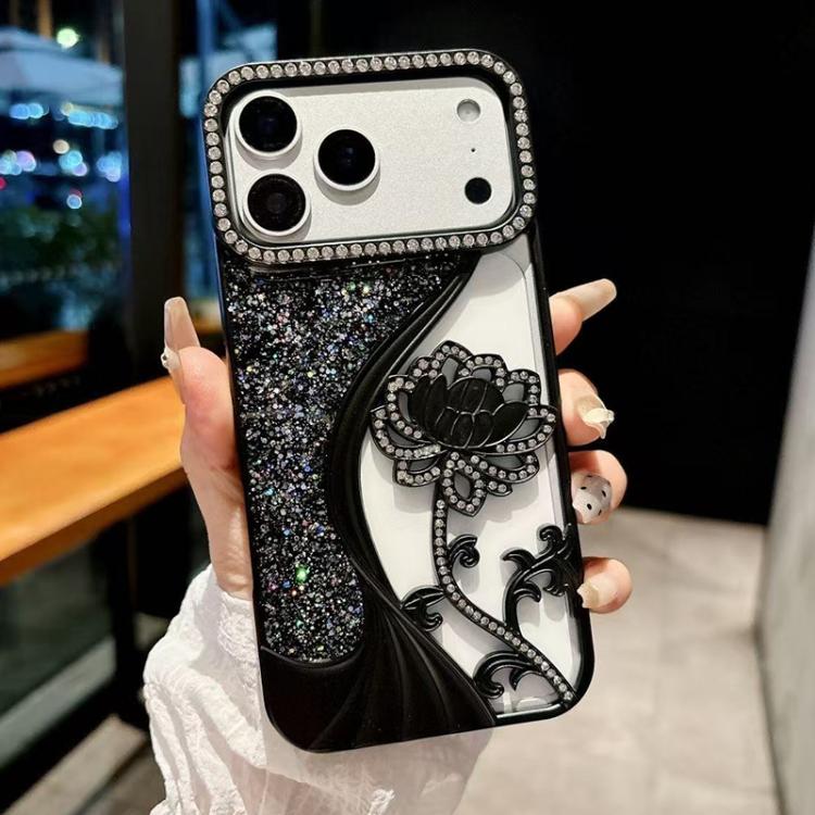 For iPhone 18 Pro Max Electroplated TPU Lotus Hollow-carved  Rhinestone Glitter Phone Case(Black)