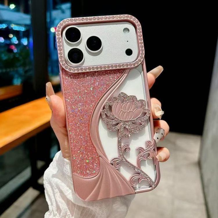 For iPhone 18 Pro Electroplated TPU Lotus Hollow-carved  Rhinestone Glitter Phone Case(Pink)