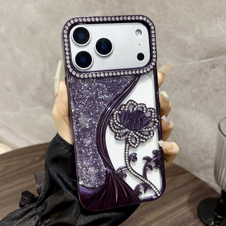 For iPhone 18 Pro Electroplated TPU Lotus Hollow-carved  Rhinestone Glitter Phone Case(Purple)