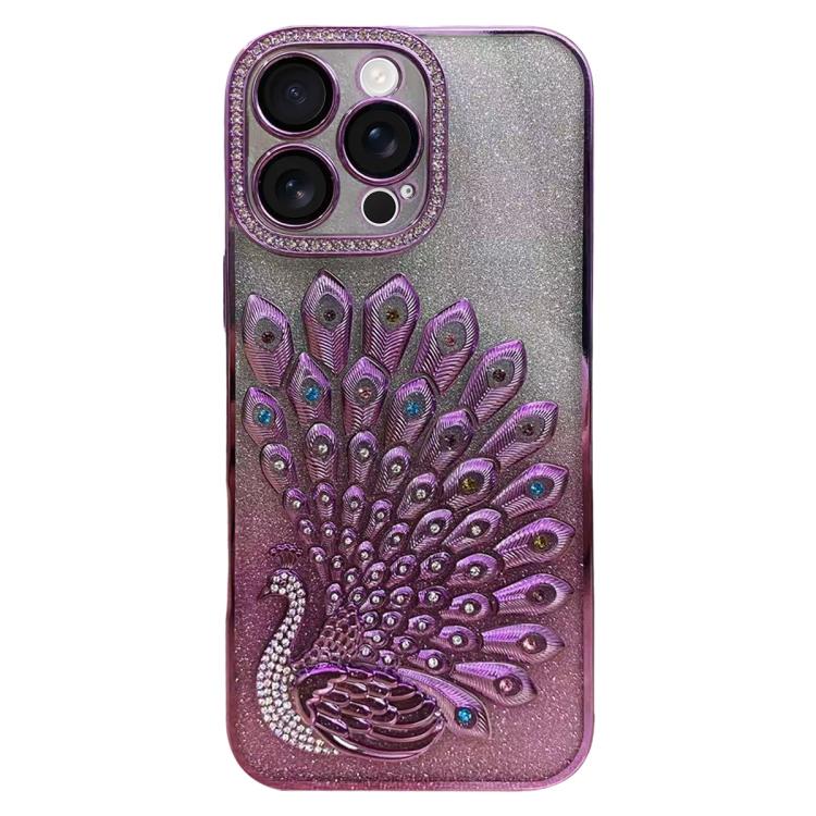 For iPhone 16 Pro Max Electroplated TPU Peacock Relief Rhinestone Glitter Phone Case with Lens Film(Pink)