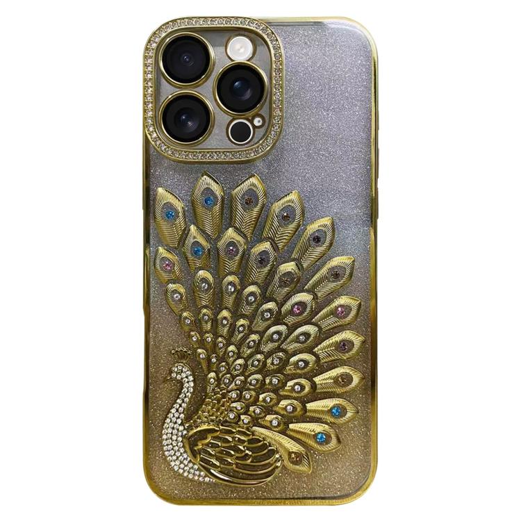 

For iPhone 16 Pro Max Electroplated TPU Peacock Relief Rhinestone Glitter Phone Case with Lens Film(Gold)