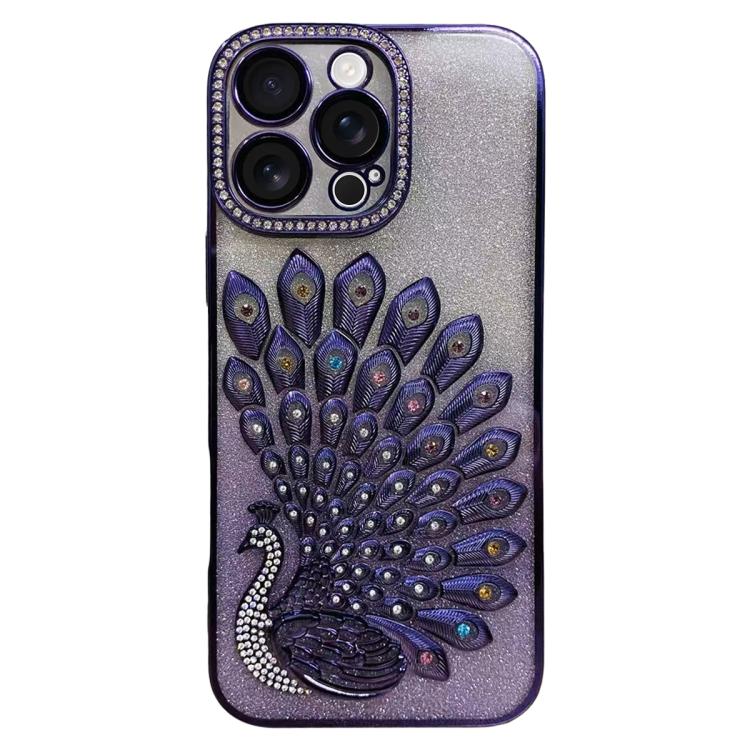 

For iPhone 16 Pro Electroplated TPU Peacock Relief Rhinestone Glitter Phone Case with Lens Film(Purple)