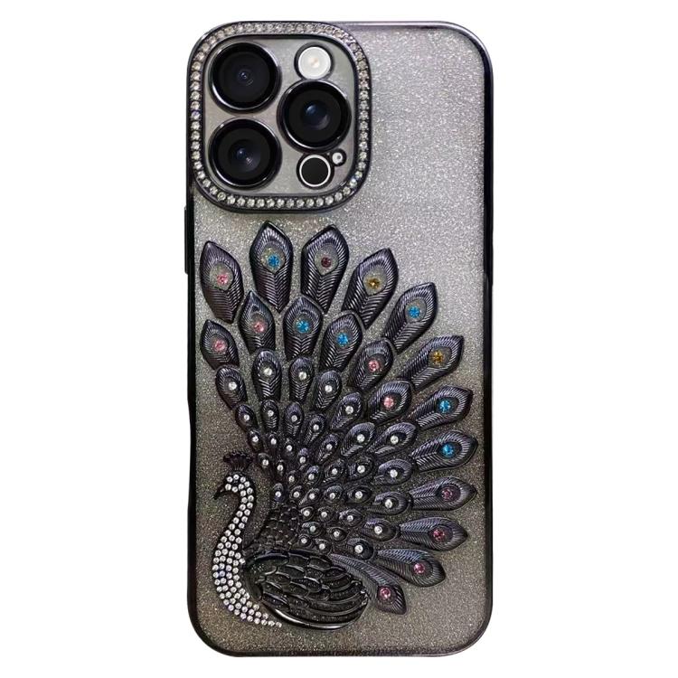 

For iPhone 16 Pro Electroplated TPU Peacock Relief Rhinestone Glitter Phone Case with Lens Film(Black)