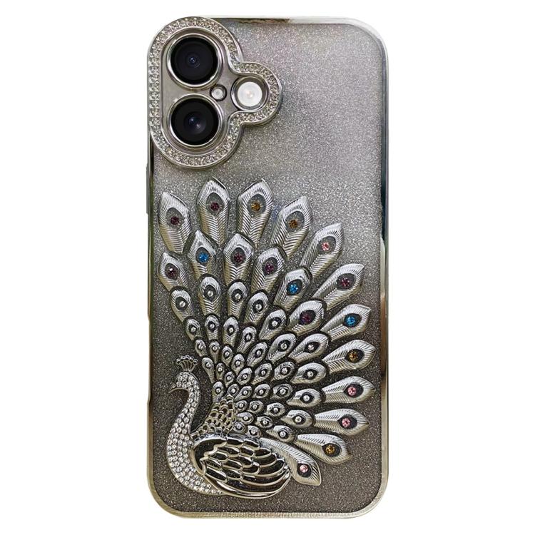 

For iPhone 16 Plus Electroplated TPU Peacock Relief Rhinestone Glitter Phone Case with Lens Film(Silver)