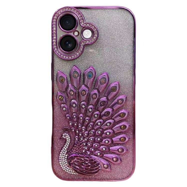 For iPhone 16 Plus Electroplated TPU Peacock Relief Rhinestone Glitter Phone Case with Lens Film(Pink)