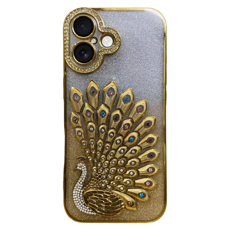 

For iPhone 16 Electroplated TPU Peacock Relief Rhinestone Glitter Phone Case with Lens Film(Gold)