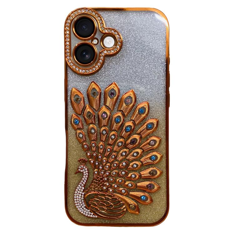 

For iPhone 16 Electroplated TPU Peacock Relief Rhinestone Glitter Phone Case with Lens Film(Orange)