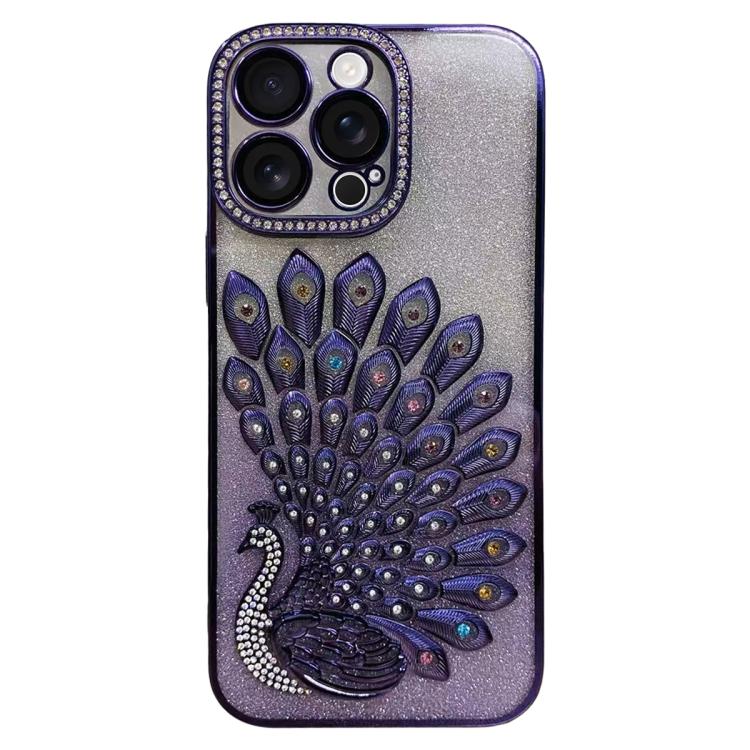 For iPhone 15 Pro Electroplated TPU Peacock Relief Rhinestone Glitter Phone Case with Lens Film(Purple)