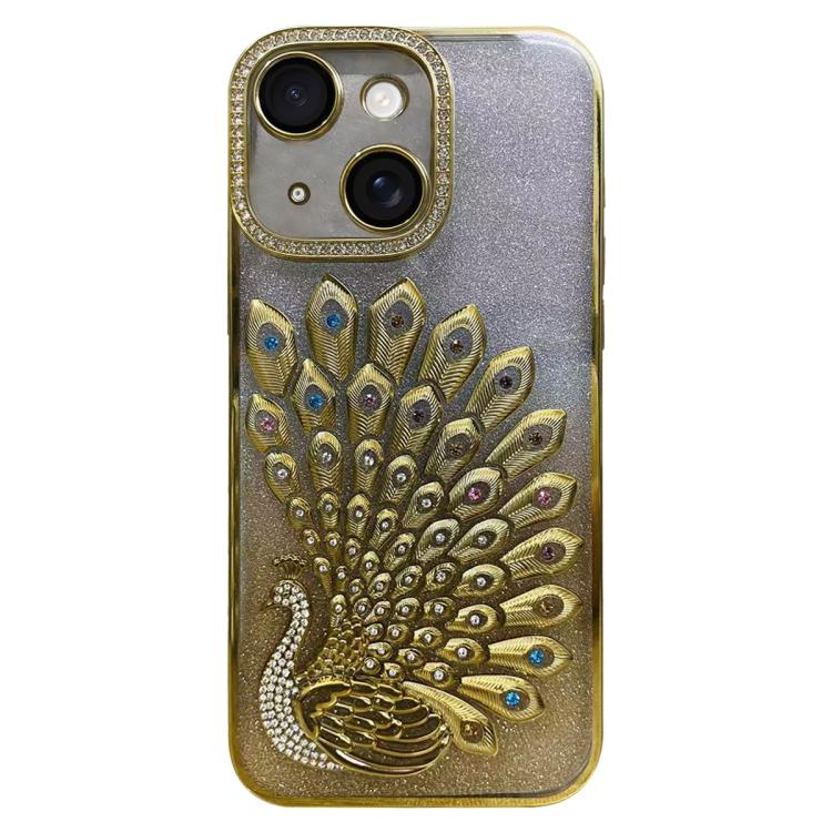

For iPhone 15 Electroplated TPU Peacock Relief Rhinestone Glitter Phone Case with Lens Film(Gold)