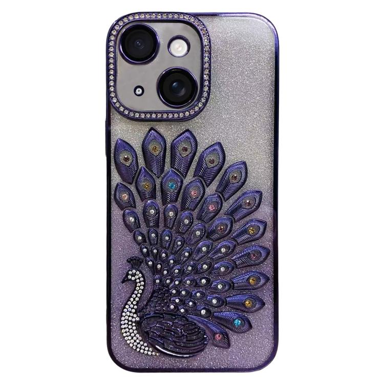 For iPhone 15 Electroplated TPU Peacock Relief Rhinestone Glitter Phone Case with Lens Film(Purple)