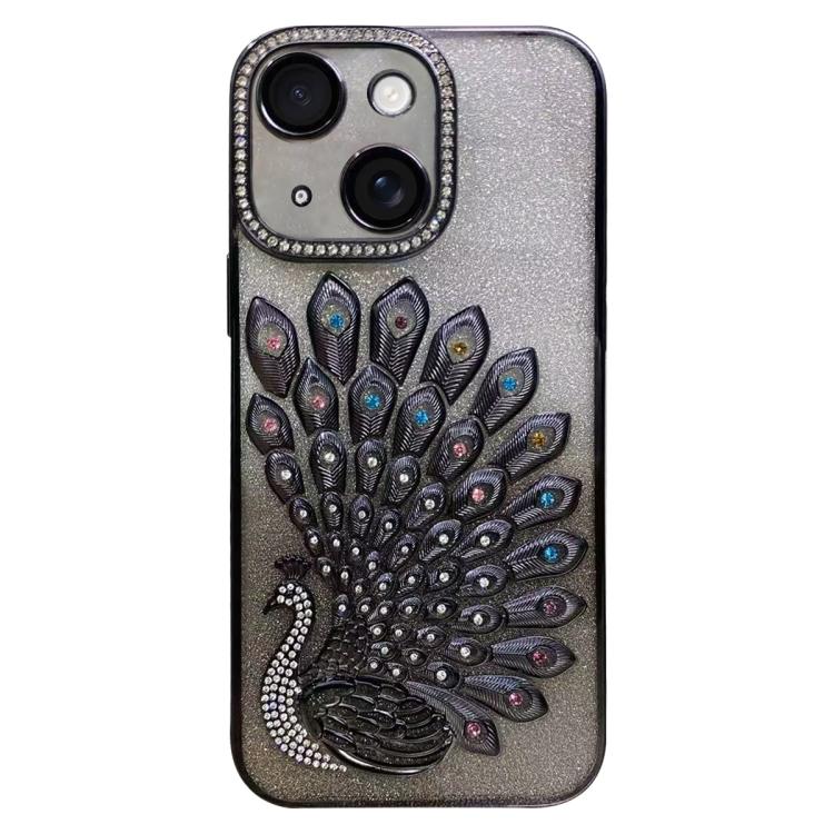 

For iPhone 15 Electroplated TPU Peacock Relief Rhinestone Glitter Phone Case with Lens Film(Black)