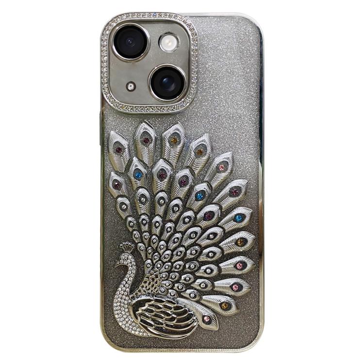

For iPhone 14 Electroplated TPU Peacock Relief Rhinestone Glitter Phone Case with Lens Film(Silver)