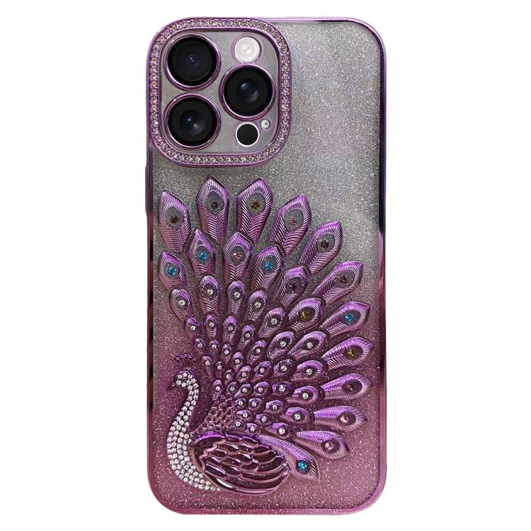 For iPhone 14 Pro Max Electroplated TPU Peacock Relief Rhinestone Glitter Phone Case with Lens Film(Pink)