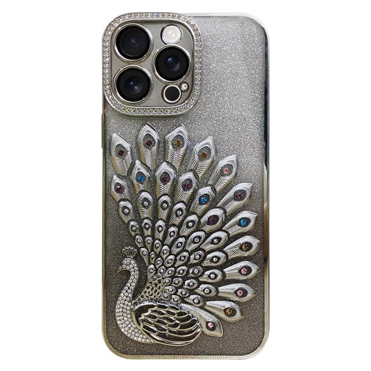 For iPhone 13 Pro Max Electroplated TPU Peacock Relief Rhinestone Glitter Phone Case with Lens Film(Silver)